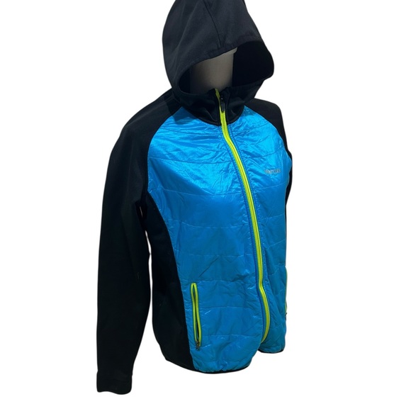 Marmot Variant turquoise, chartreuse, & Black Hooded puffer zip up Jacket large - Picture 3 of 12